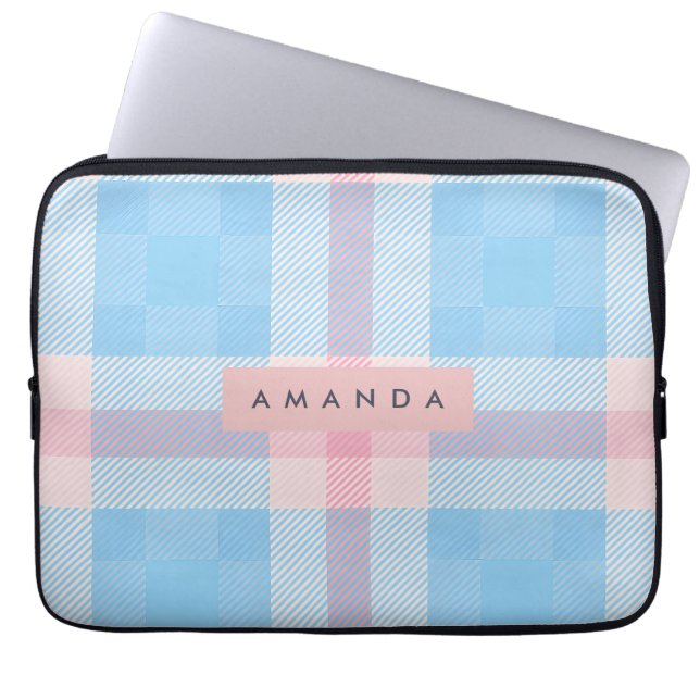 Personalized Pastel Sky Blue and Blush Pink Plaid Laptopschutzhülle (Vorderseite)