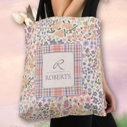 Personalized Patchwork Floral & Plaid Tote Bag Tasche