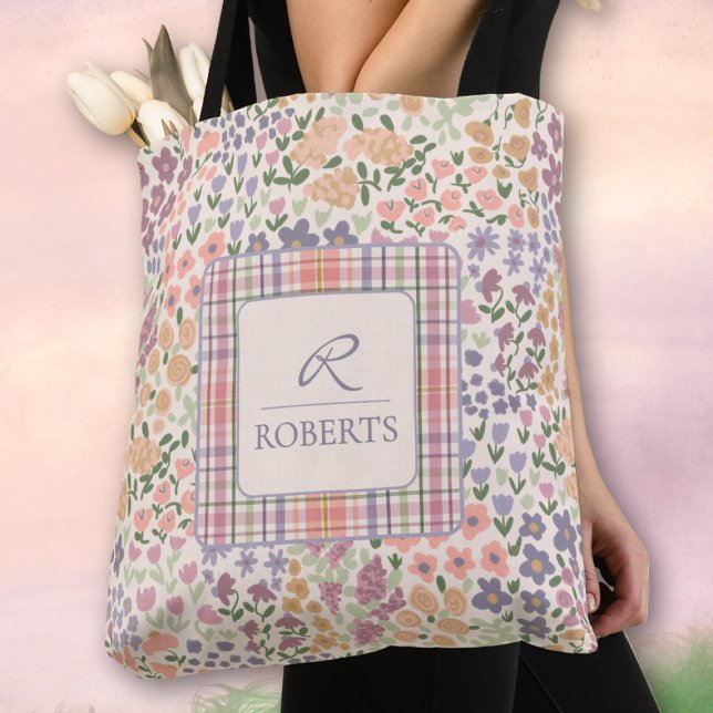 Personalized Patchwork Floral & Plaid Tote Bag Tasche (Personalized Floral Plaid Tote Bag)