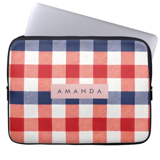 Personalized Patriotic Red, White & Blue Gingham Laptopschutzhülle (Vorderseite)