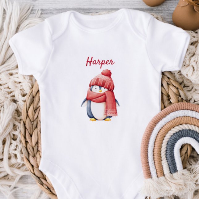 Personalized Penguin in Red Hat Baby Bodysuit Baby Strampler (Von Creator hochgeladen)