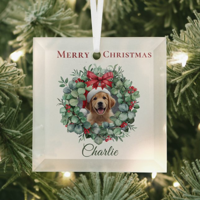 Personalized Pet Christmas with Wreath & Name Ornament Aus Glas (Insitu)
