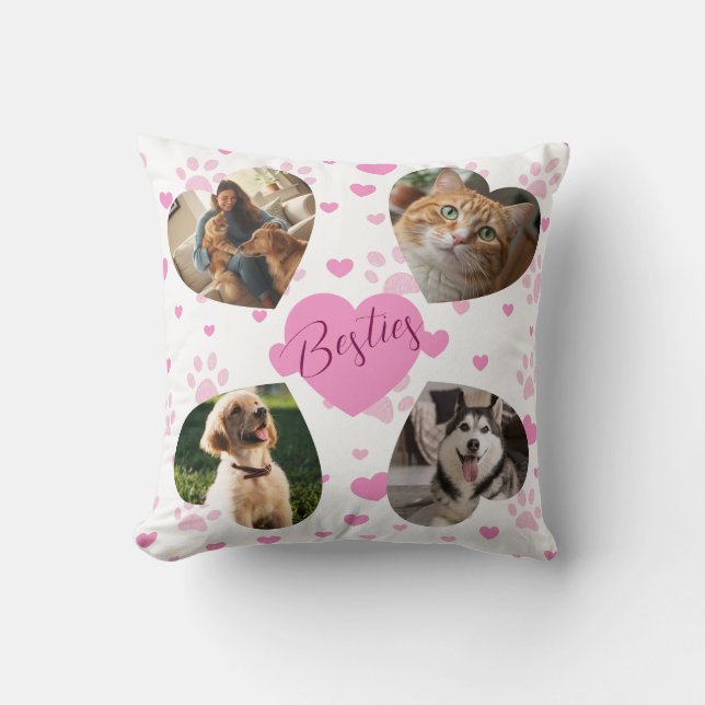 Personalized Pet Photo Collage Pink Hearts Kissen (Vorderseite)