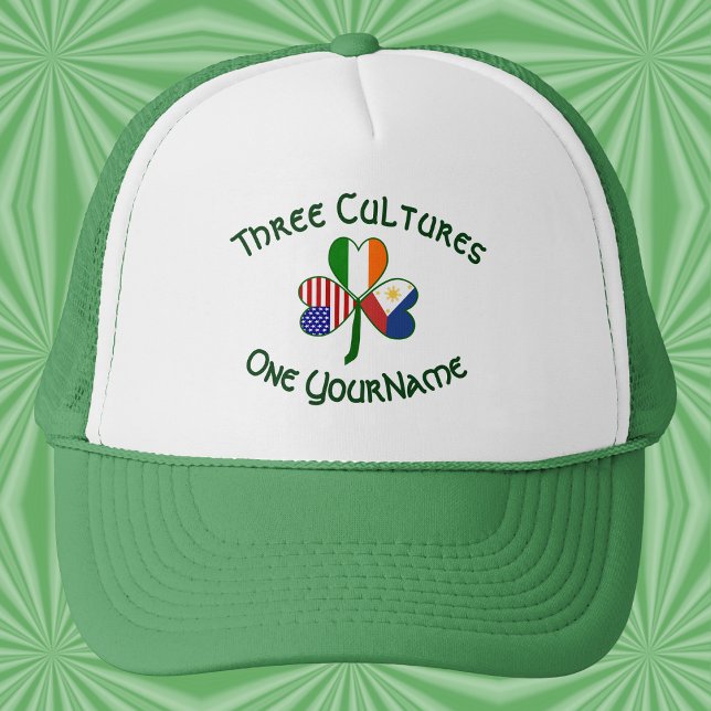 Personalized Philippines Ireland USA Flag Shamrock Truckerkappe (Trucker hat with a personalized Philippines‑Ireland‑USA Three Cultures shamrock.)