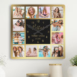 Personalized Photo Collage Besties Gold Black Quadratische Wanduhr<br><div class="desc">Make this trendy elegant black and gold photo collage wall clock unique with 12 of your favorite photos with your best friend(s). The design also features modern handwritten "Besties" script,  your names and the date you met.</div>