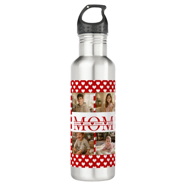 Personalized Photo Collage Mom Heart & Kids Name Edelstahlflasche (Vorderseite)