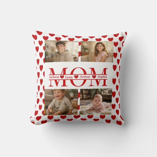 Personalized Photo Collage Mom Heart & Kids Name Kissen (Vorderseite)