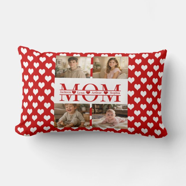 Personalized Photo Collage Mom Heart & Kids Name Lendenkissen (Vorderseite)