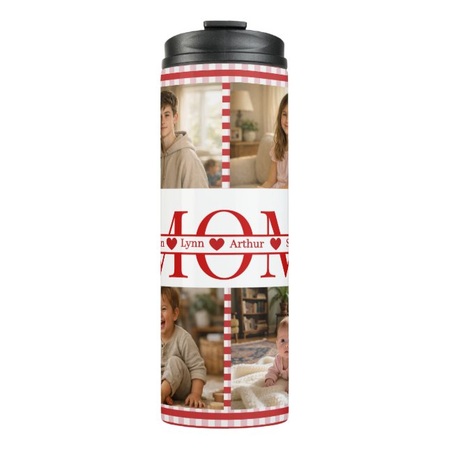 Personalized Photo Collage Mom Heart & Kids Name Thermosbecher (Vorderseite)