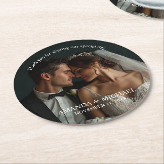Personalized Photo Favor with Names & Wedding Date Runder Pappuntersetzer