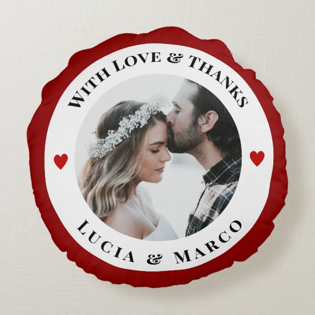 Personalized Photo in WhiteCircle with Red Heart Rundes Kissen (Rückseite)