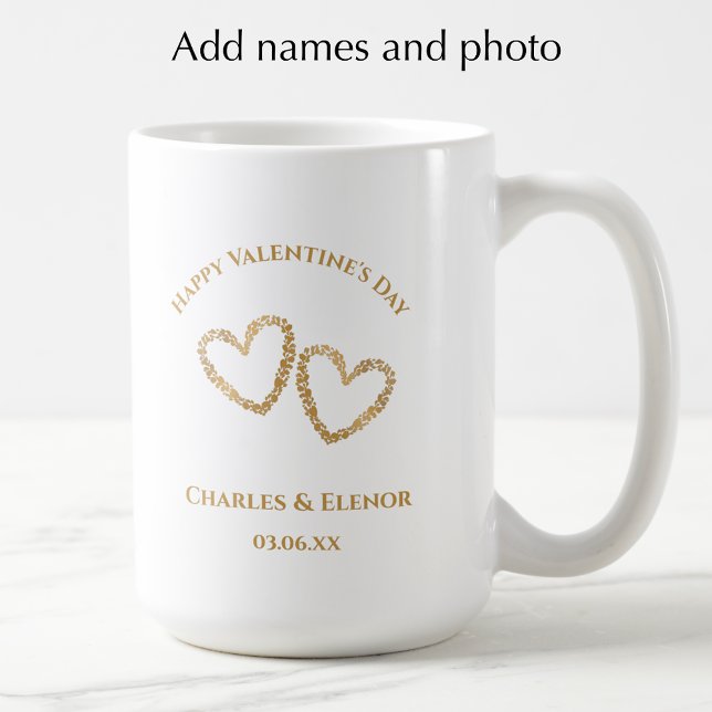 Personalized Photo Keepsake Valentines Day Gift Kaffeetasse (Add couples names, photo, and custom text. Create a unique heart Valentines Day keepsake gift.)