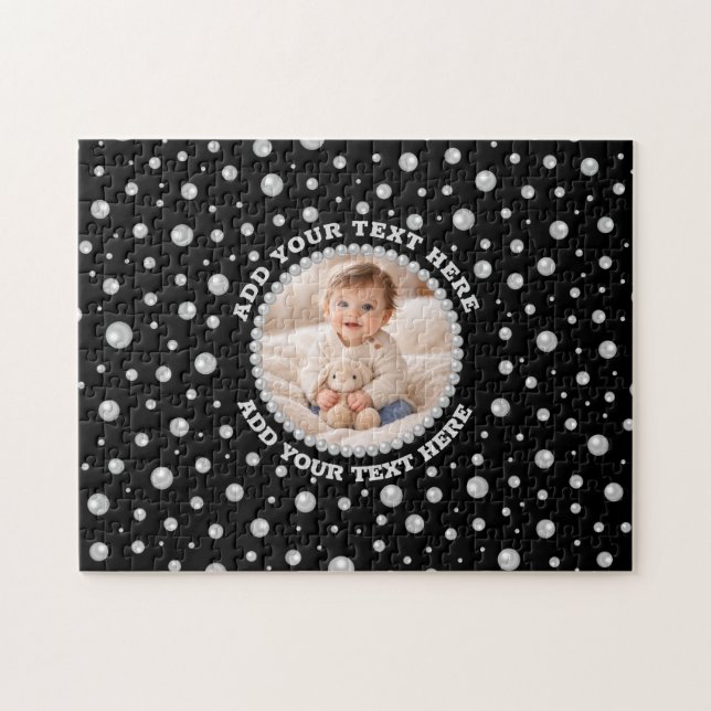 Personalized Photo with Pearls Circle on Black (Horizontal)