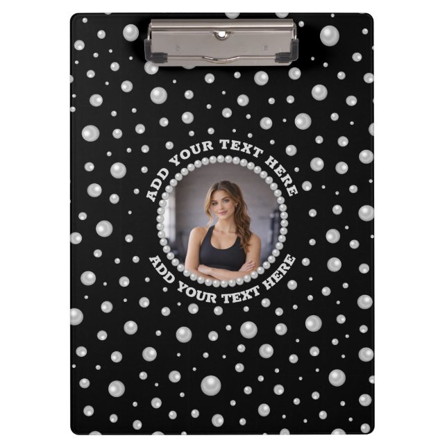 Personalized Photo with Pearls Circle on Black Klemmbrett (Vorderseite)