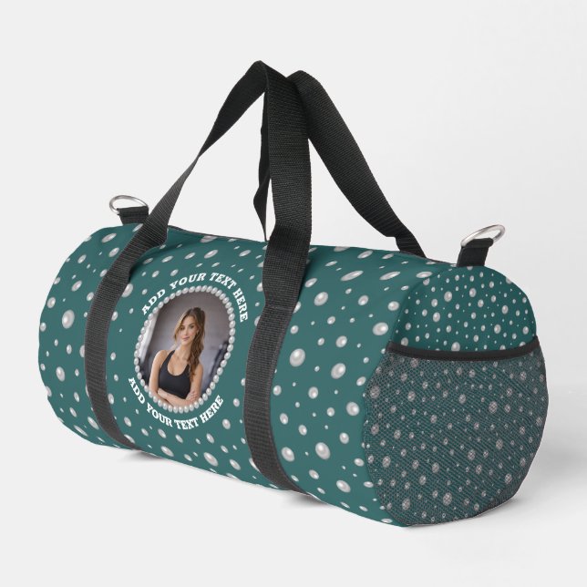 Personalized Photo with Pearls Circle on Teal Duffle Bag (Rechte Ecke)