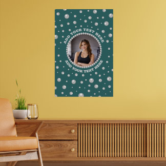 Personalized Photo with Pearls Circle on Teal Poster