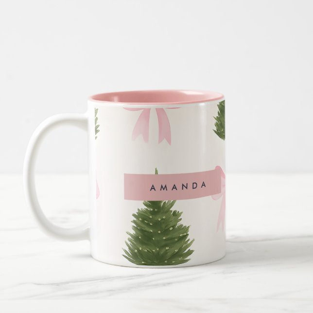 Personalized Pink Bow & Christmas Tree Zweifarbige Tasse (Links)