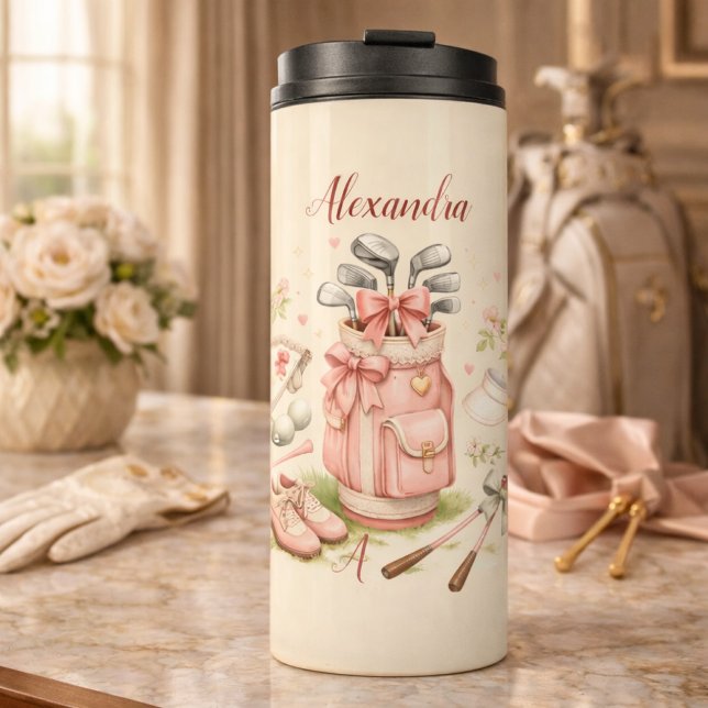 Personalized Pink Coquette Golf Monogram Thermosbecher (Von Creator hochgeladen)