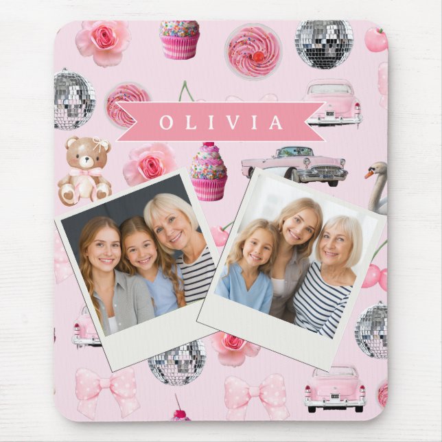 Personalized Pink Coquette Retro Cute Teddy Bear  Mousepad (Vorne)