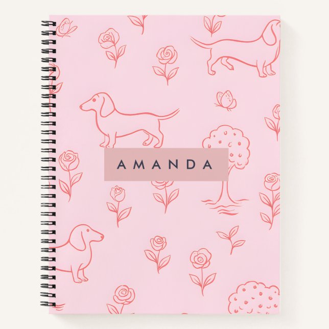 Personalized Pink Dachshund and Flower Notizbuch (Vorderseite)