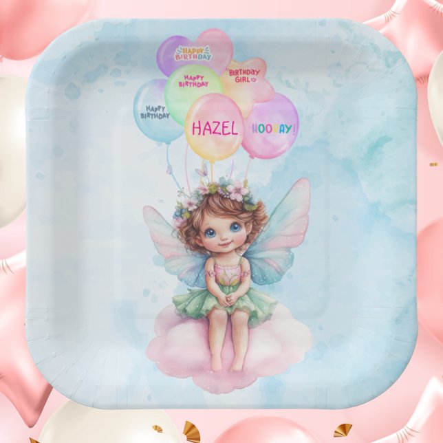 Personalized Pink Fairy on a Cloud Paper Plate Pappteller (Personalized Fairy on a Cloud Birthday Paper Plate Pink & Blue Watercolor Party Decor 

)