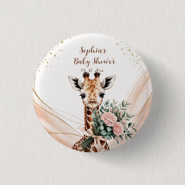 Personalized Pink Floral Giraffe Baby Shower Butto Button (Vorderseite)