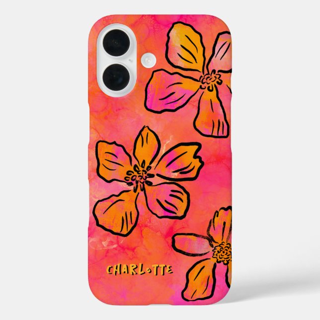 Personalized Pink Floral Pop Art  iPhone 16 Hülle (Rückseite)