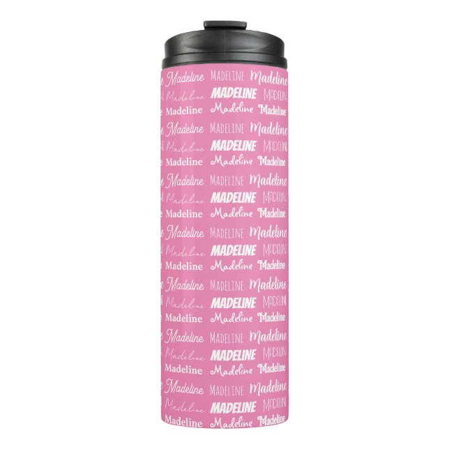 Personalized Pink Girls Name Font Collage Cute Thermosbecher (Vorderseite)