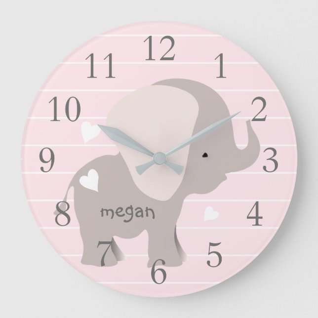 Personalized Pink Grey Elephant Nursery Wall Clock Große Wanduhr (Vorderseite)