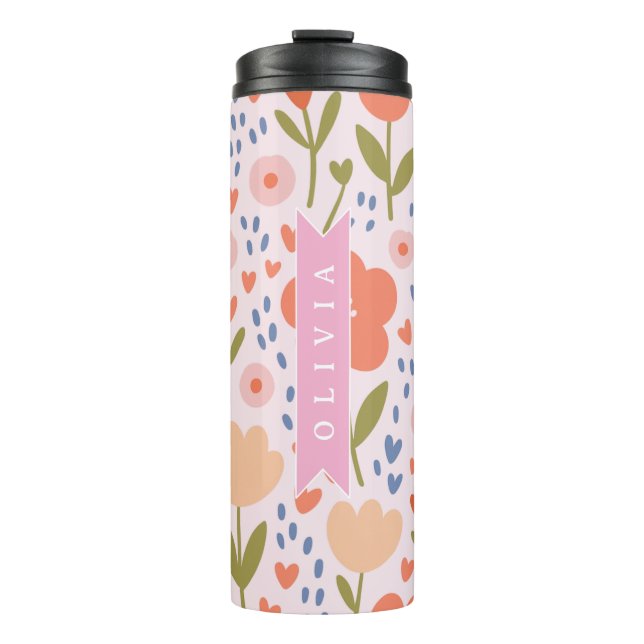 Personalized pink nordic cute folk floral pattern thermosbecher (Vorderseite)