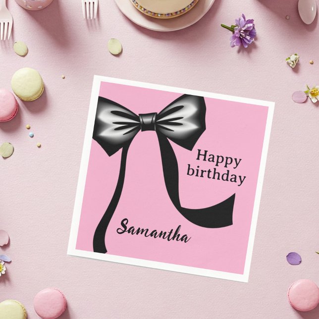 Personalized Pink Paper Napkins with Black Bow Serviette (Von Creator hochgeladen)