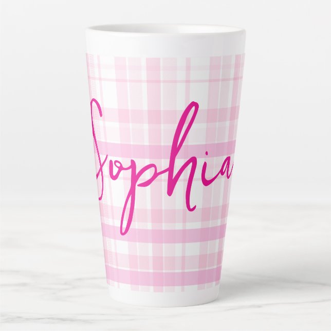 Personalized Pink Plaid Latte Mug with Name  (Devant)