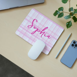 Personalized Pink Plaid Mouse Pad with Name Mousepad