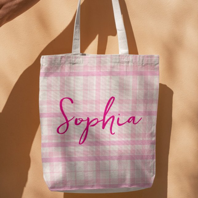 Personalized Pink Plaid Name Tote Bag (Créateur téléchargé)