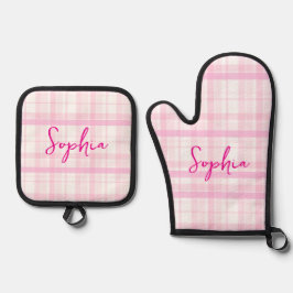 Personalized Pink Plaid Ofenhandschuh & Topflappen-Set