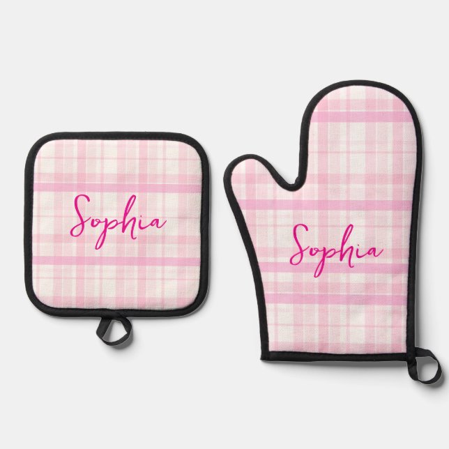 Personalized Pink Plaid  Ofenhandschuh & Topflappen-Set (Vorderseite)