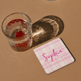 Personalized Pink Plaid Paper Coaster with Name Rechteckiger Pappuntersetzer