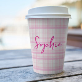 Personalized Pink Plaid Paper Cups with Name Pappbecher