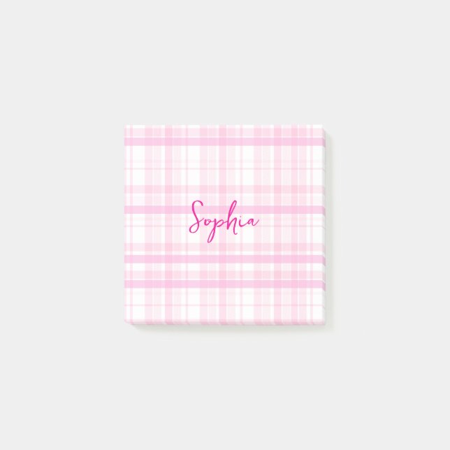 Personalized Pink Plaid Post-It Notes with Name  Klebezettel (Vorderseite)