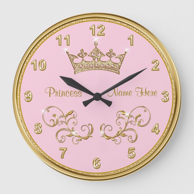 Personalized PINK Princess Clock with Gold Accents Große Wanduhr (Vorderseite)