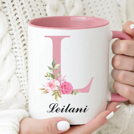 Personalized Pink Roses Monogram Mug Gift for Her Tasse