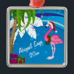 Personalized Pink Santa Flamingo Beach Christmas Ornament Aus Metall<br><div class="desc">This tropical holiday Christmas tree ornament feature palm trees decorated with Christmas lights and a flamingo wearing a Santa hat set against a cool and white abstract beach background. It can be personalized with a name,  year or any text that you wish to add. Some graphics by artwork&@delightful-doodles.com</div>
