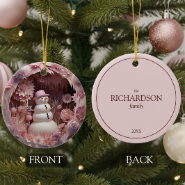 Personalized Pink Snowman Christmas Keramik Ornament