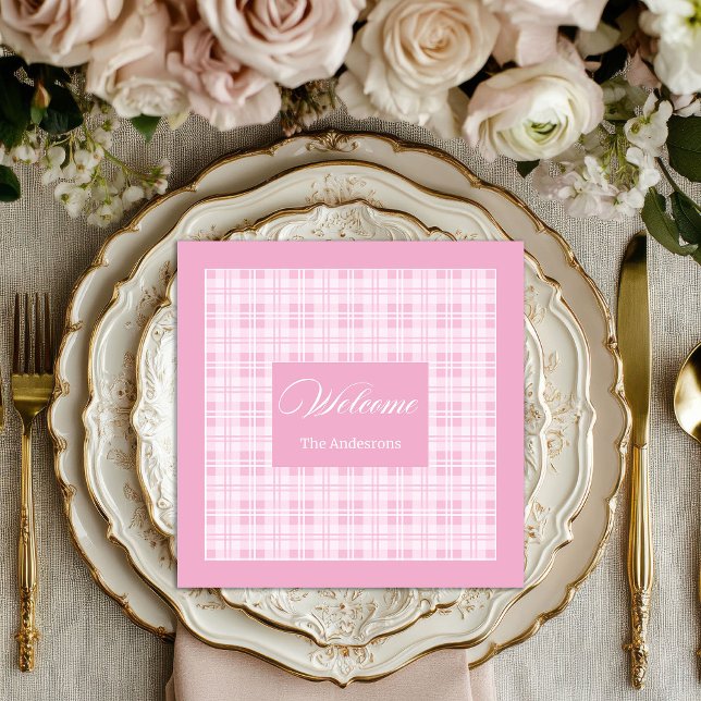Personalized Pink Table Napkins Modern Tartan Look Serviette (Personalized Pink Table Napkins Modern Tartan Look)