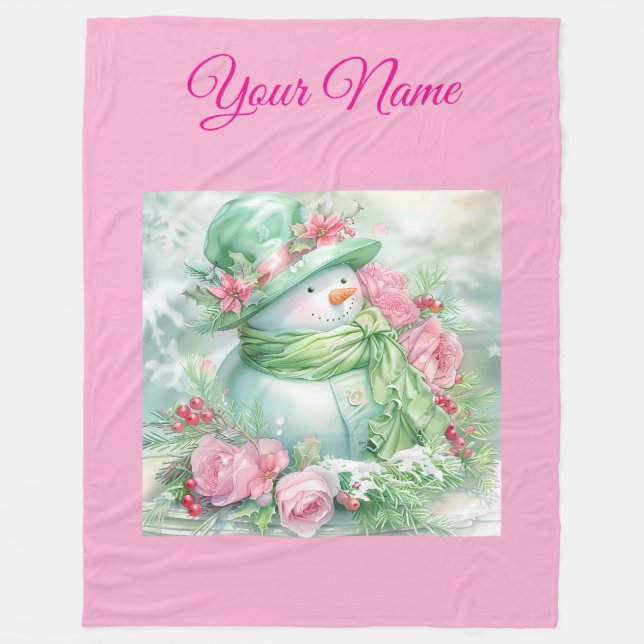 Personalized Pink Vintage Christmas Snowman Fle Fleecedecke (Vorderseite)