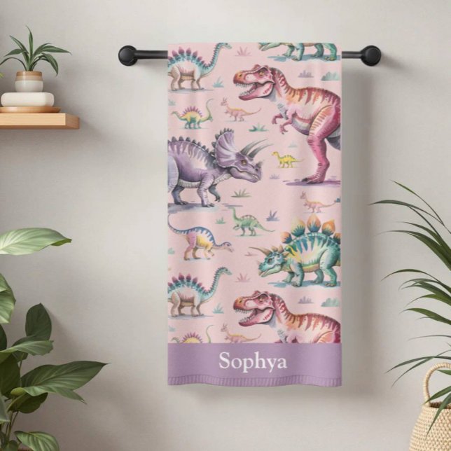 Personalized Pink Watercolor Kids Dinosaur Strandtuch (Von Creator hochgeladen)