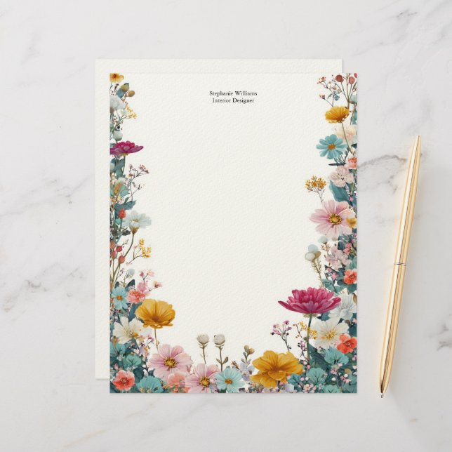 Personalized Pink Yellow Teal Wildflowers  Briefbogen (Vorderseite/Rückseite Beispiel)