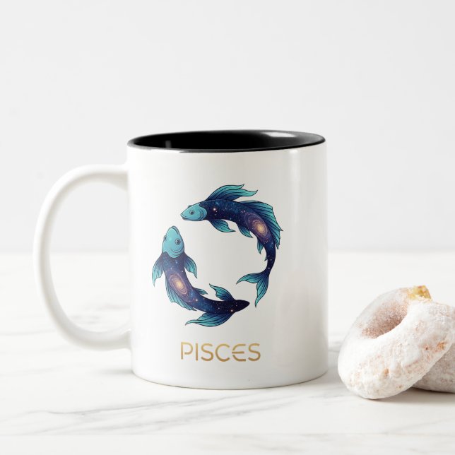 "Personalized Pisces Zodiac sign Name and traits Zweifarbige Tasse (Mit Donut)