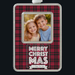 Personalized Plaid Christmas Photo Ornament | Cust Rahmen-Ornament Silber<br><div class="desc">ornament featuring your favorite family photo. This festive red and black tartan ornament includes bold “Merry Christmas” lettering and a custom photo frame, creating a timeless keepsake for your tree. Perfect for family ornaments, kids photo ornaments, grandparents gifts, and holiday keepsakes, this design blends classic Christmas plaid with modern typography....</div>