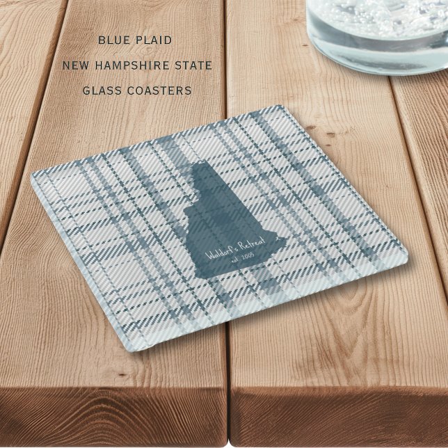 Personalized Plaid New Hampshire Glass Coaster Glasuntersetzer (Blue plaid New Hampshire State personalized glass coaters. Perfect for your home or gift giving!)